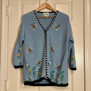 Quacker Factory Blue Cardigan with Bee and Floral Embroidery